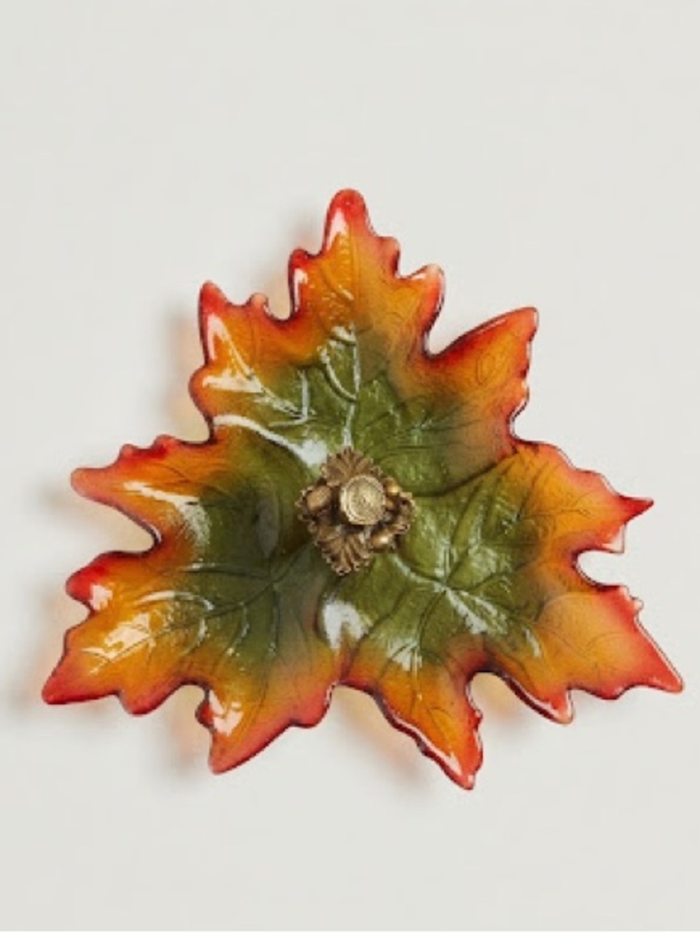 Autumn Maple Leaf Iridescent Glass Serving Platter Dish Decor Acorn Handle